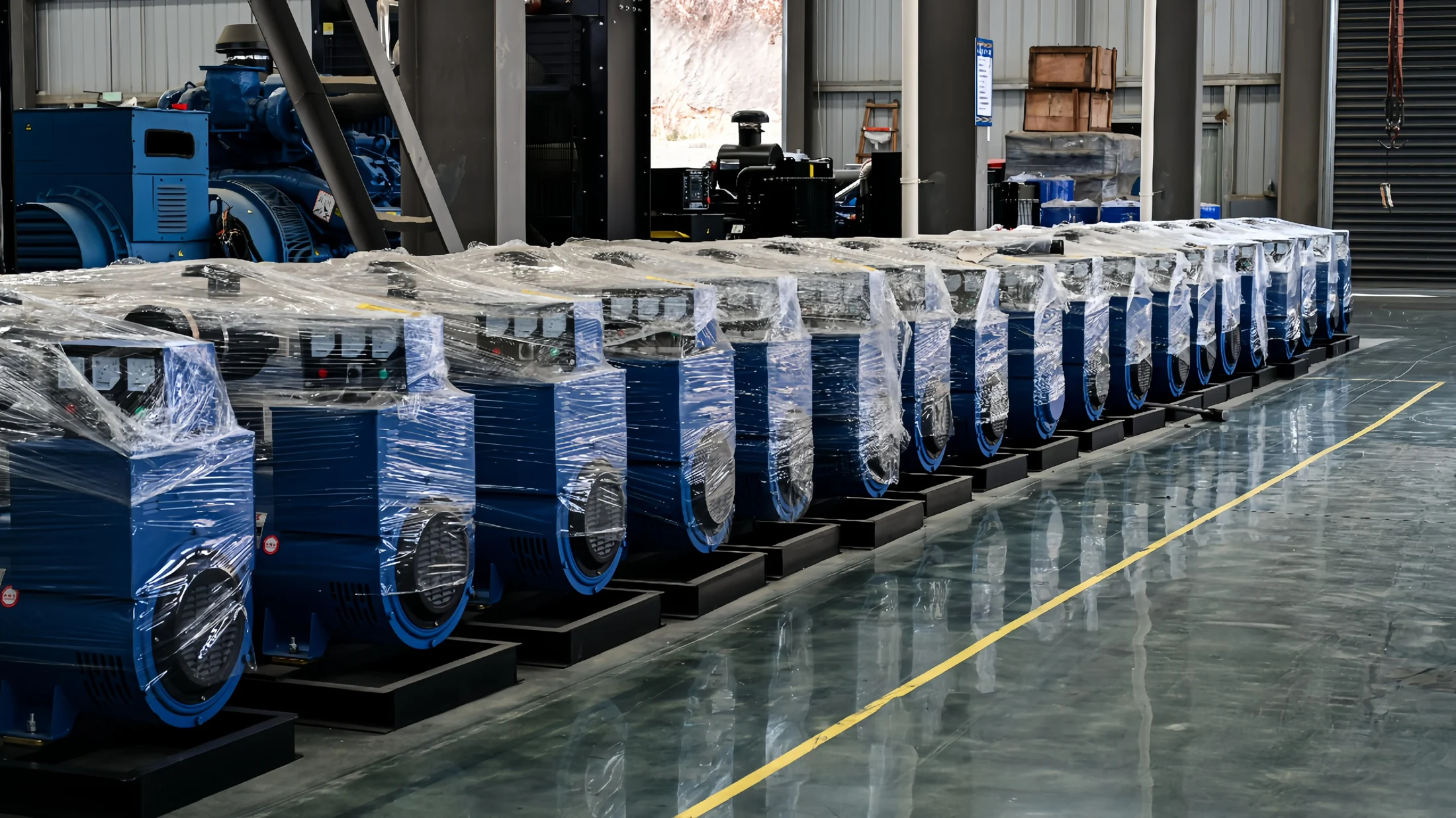 Rows of packaged blue generator sets on the workshop floor